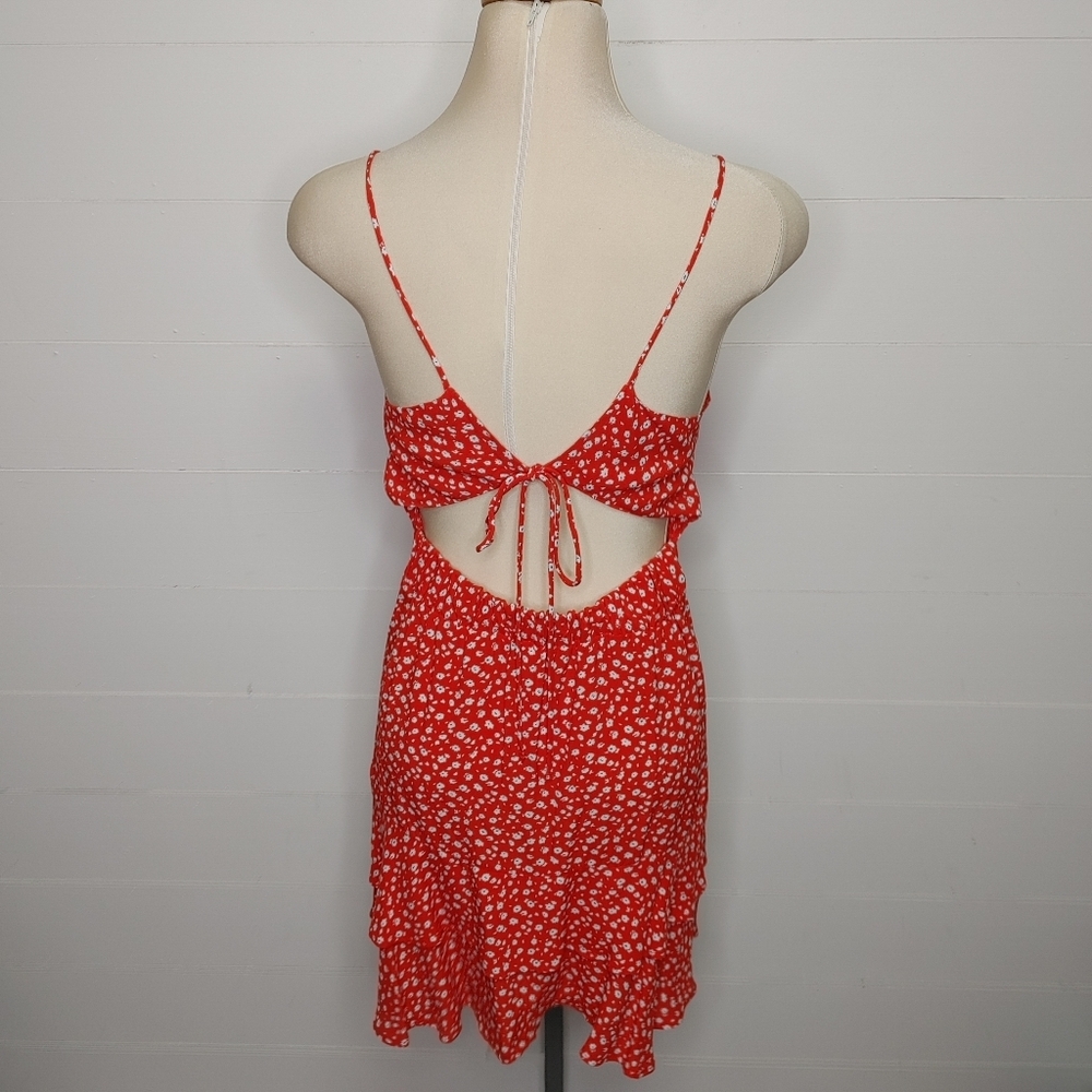 Zara Red Floral Ruched Ruffle Mini Dress Size S - Picture 5 of 12